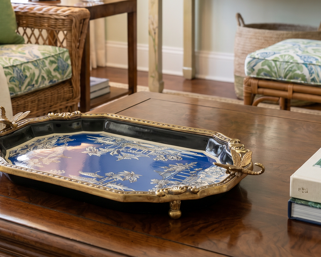Azure Pagoda Porcelain Tray with Bronze Ormolu