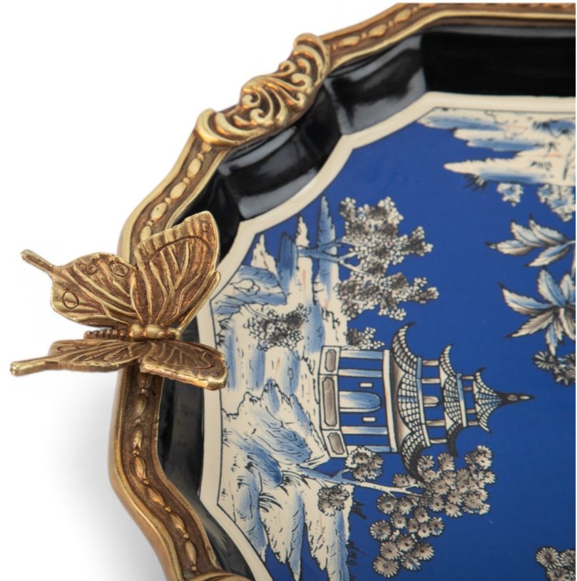 Azure Pagoda Porcelain Tray with Bronze Ormolu