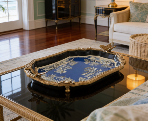 Azure Pagoda Porcelain Tray with Bronze Ormolu