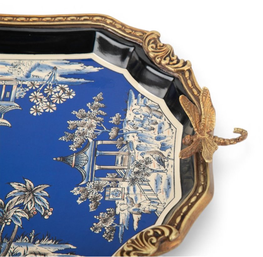 Azure Pagoda Porcelain Tray with Bronze Ormolu