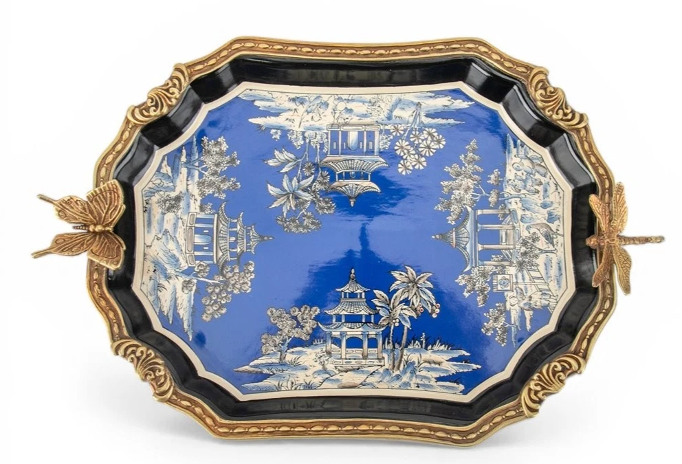 Azure Pagoda Porcelain Tray with Bronze Ormolu