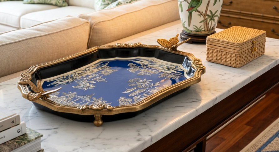 Azure Pagoda Porcelain Tray with Bronze Ormolu