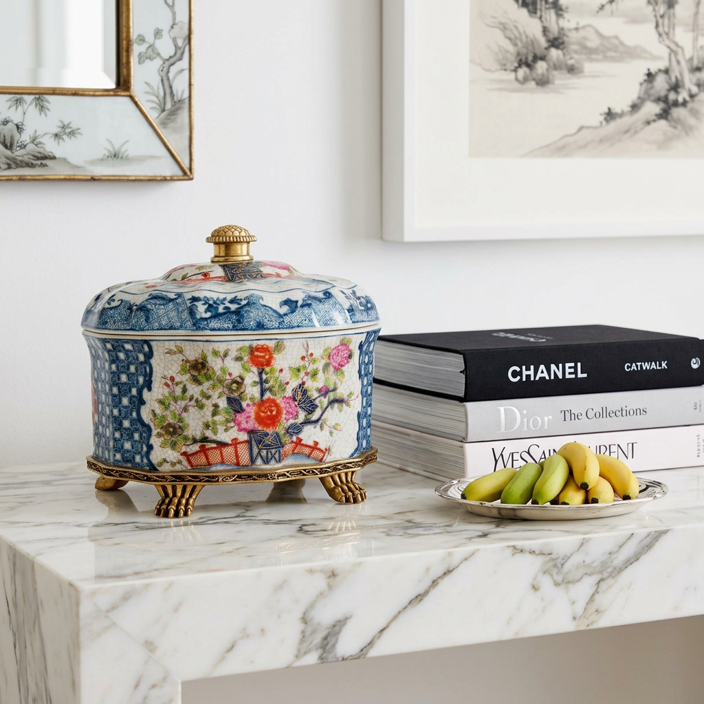 Garden Trellis Porcelain Oval Lidded Box with Bronze Ormolu