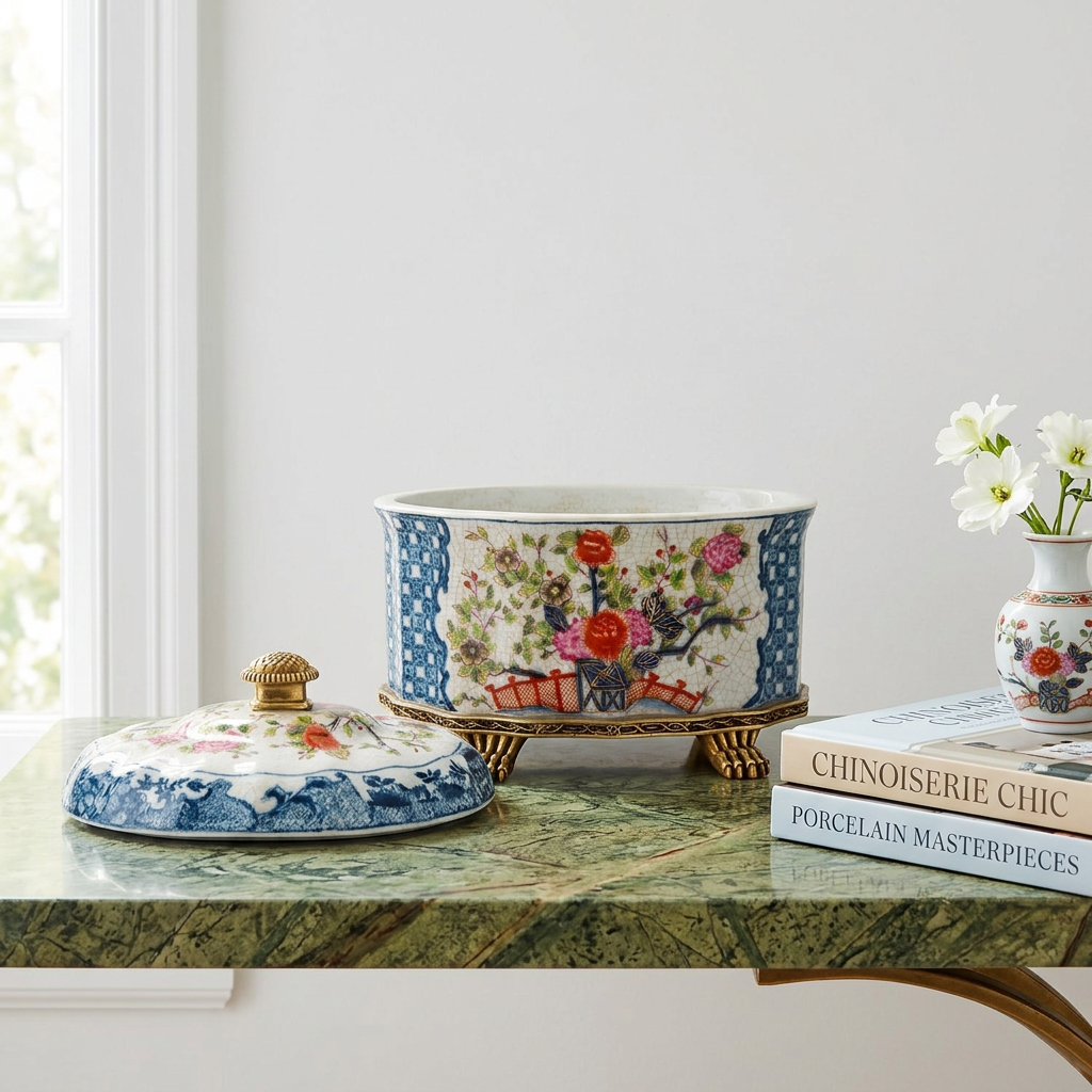 Garden Trellis Porcelain Oval Lidded Box with Bronze Ormolu