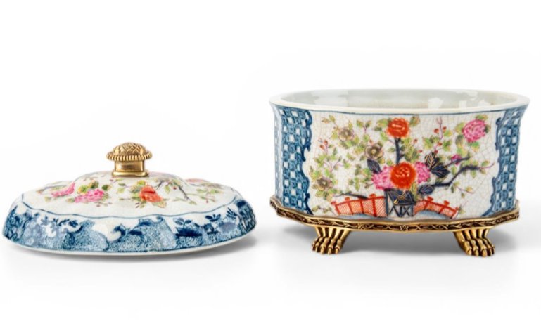 Garden Trellis Porcelain Oval Lidded Box with Bronze Ormolu