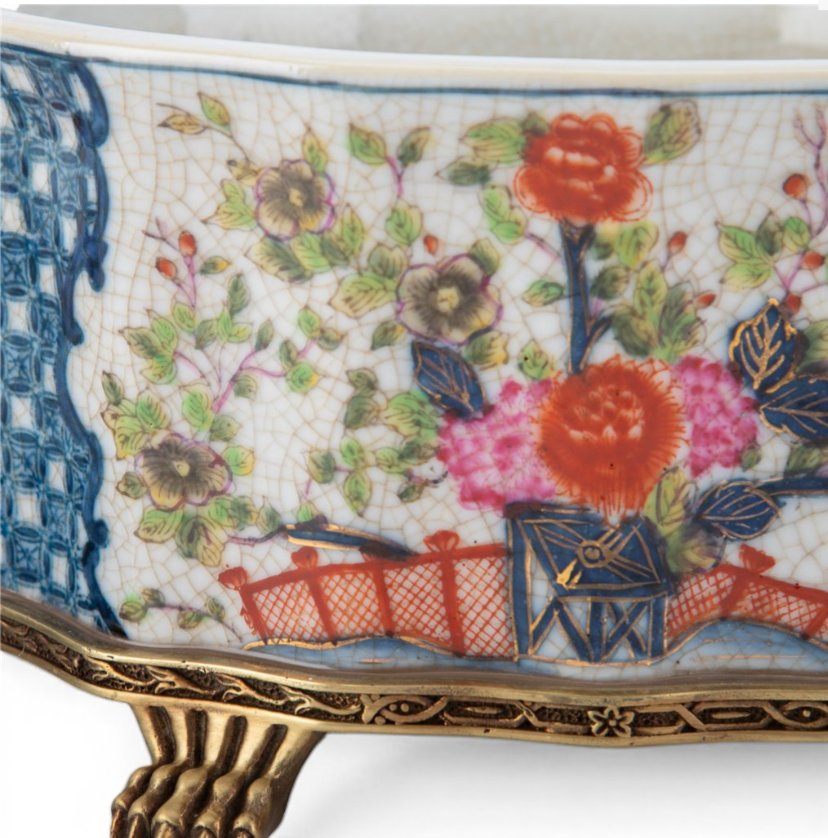 Garden Trellis Porcelain Oval Lidded Box with Bronze Ormolu