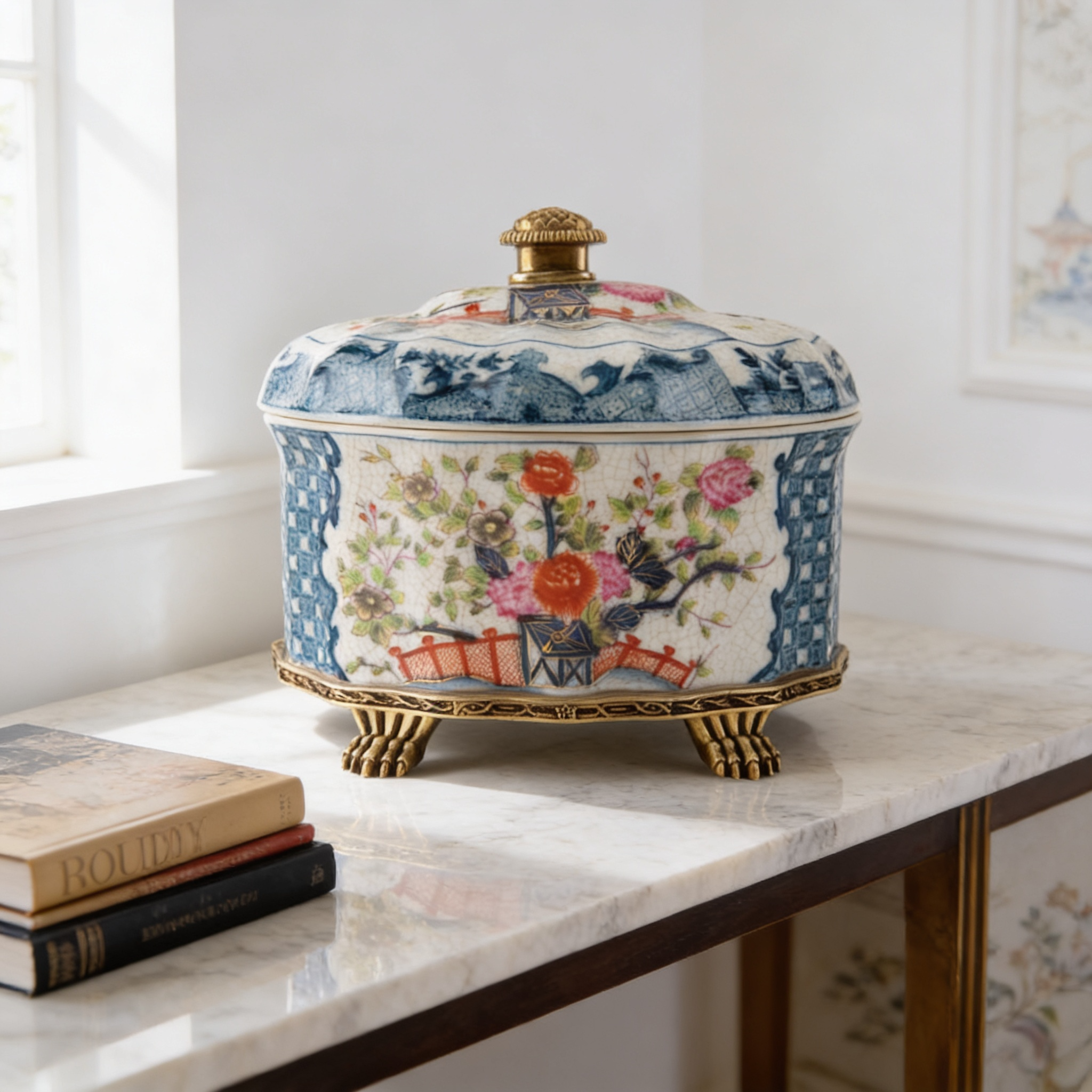Garden Trellis Porcelain Oval Lidded Box with Bronze Ormolu