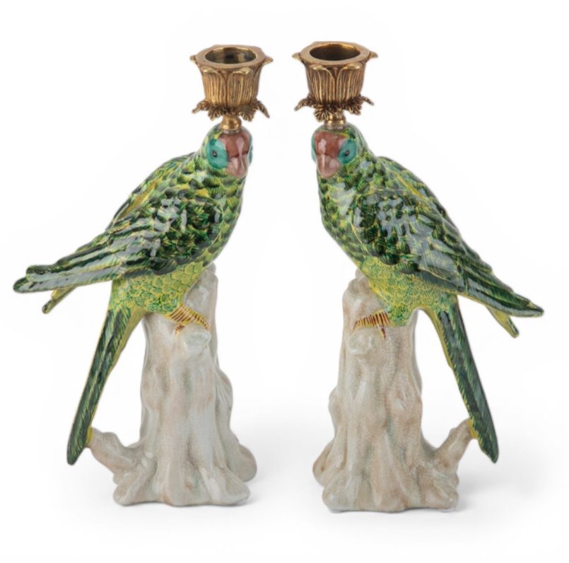 Green Porcelain Parrot Candleholder Pair with Bronze Ormolu