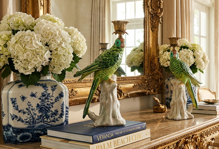 Green Porcelain Parrot Candleholder Pair with Bronze Ormolu