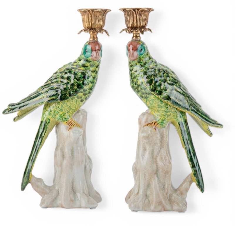 Green Porcelain Parrot Candleholder Pair with Bronze Ormolu