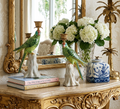 Green Porcelain Parrot Candleholder Pair with Bronze Ormolu