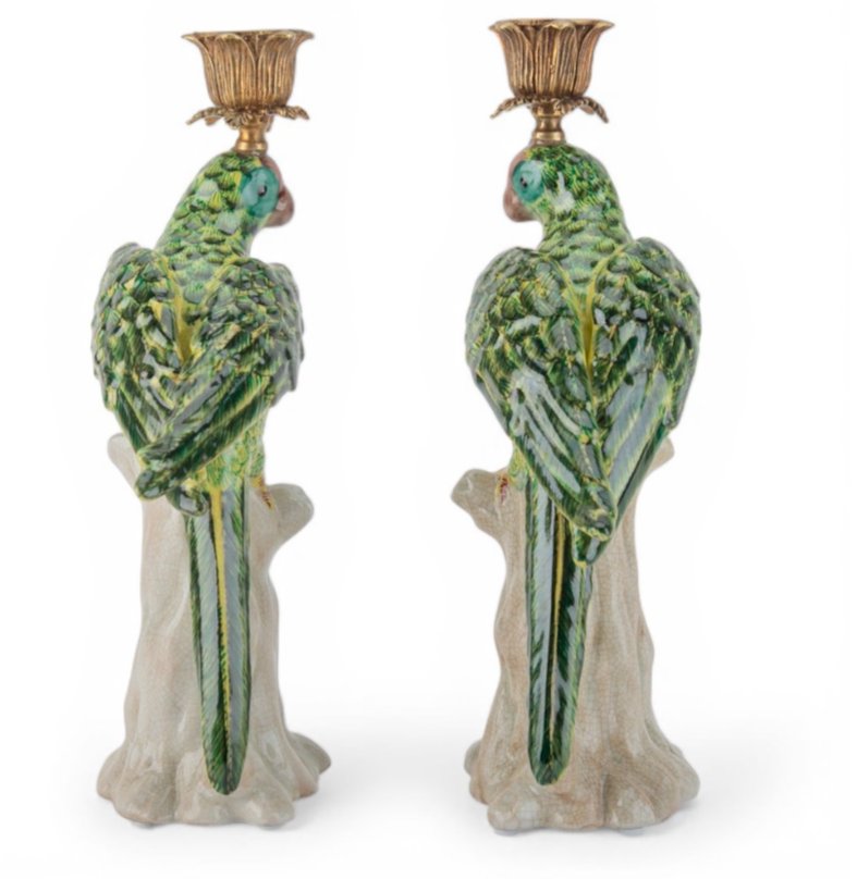 Green Porcelain Parrot Candleholder Pair with Bronze Ormolu