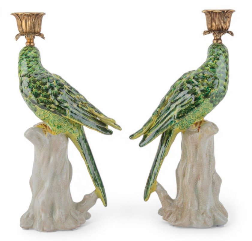 Green Porcelain Parrot Candleholder Pair with Bronze Ormolu