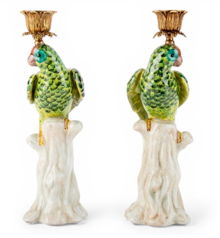 Green Porcelain Parrot Candleholder Pair with Bronze Ormolu