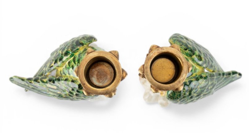 Green Porcelain Parrot Candleholder Pair with Bronze Ormolu