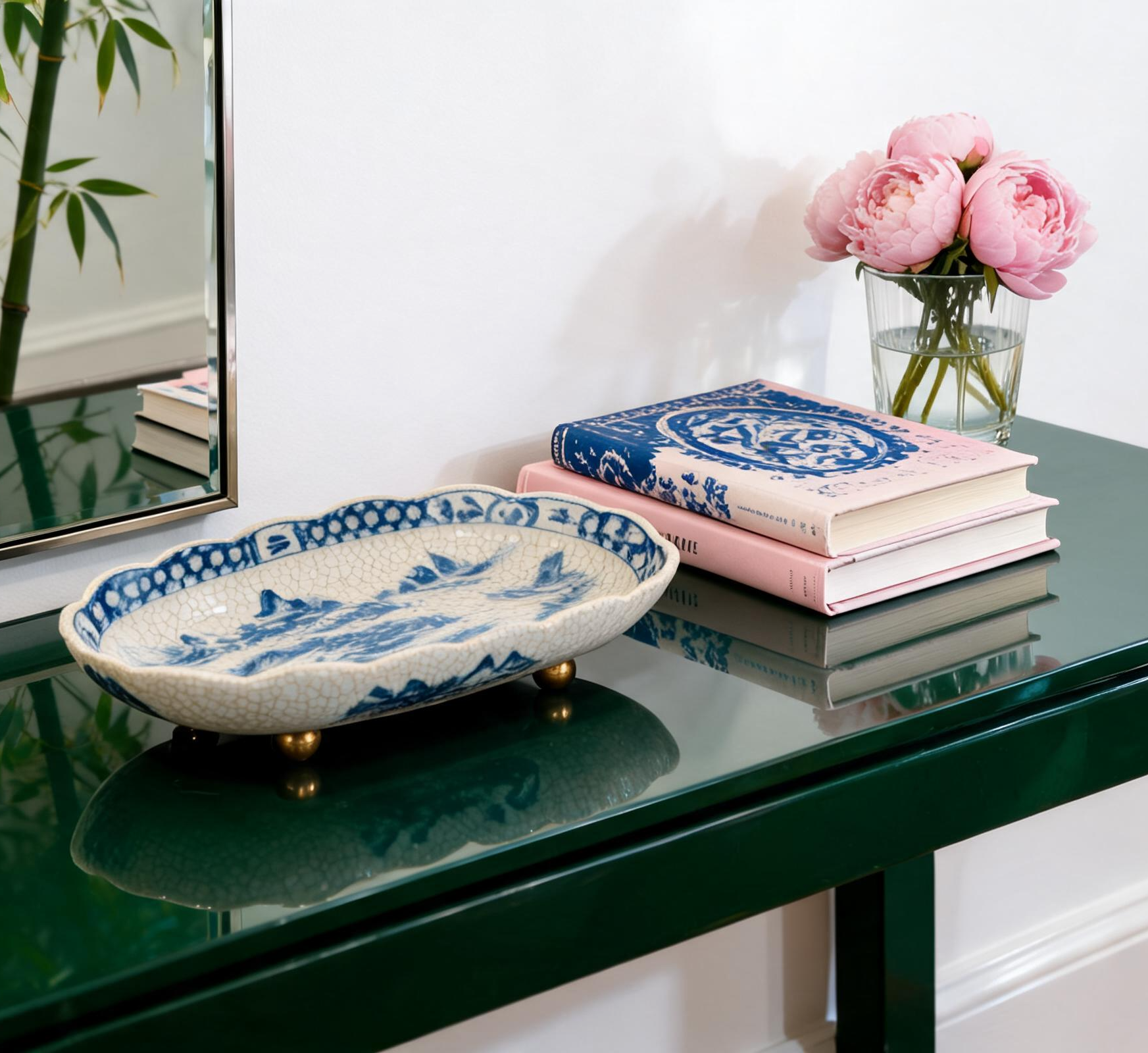 Blue and White Decorative Porcelain Tray with brass feet