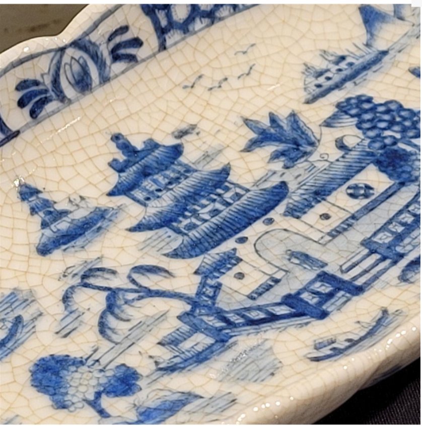 Blue and White Decorative Porcelain Tray with brass feet