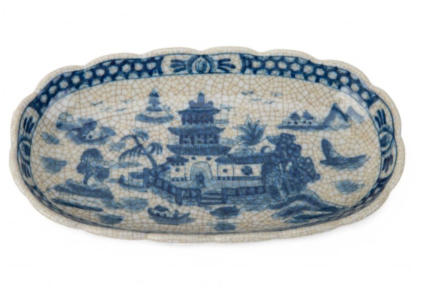 Blue and White Decorative Porcelain Tray with brass feet