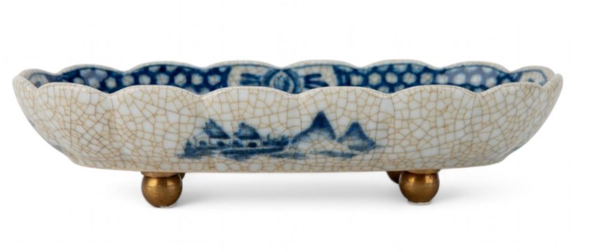 Blue and White Decorative Porcelain Tray with brass feet