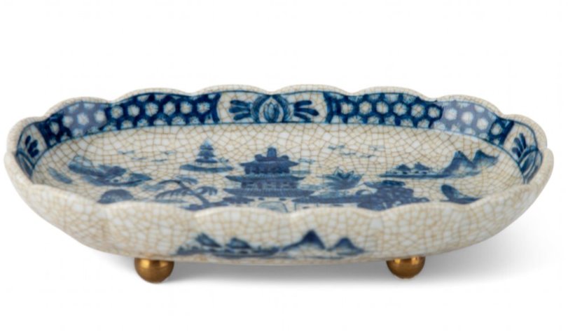 Blue and White Decorative Porcelain Tray with brass feet