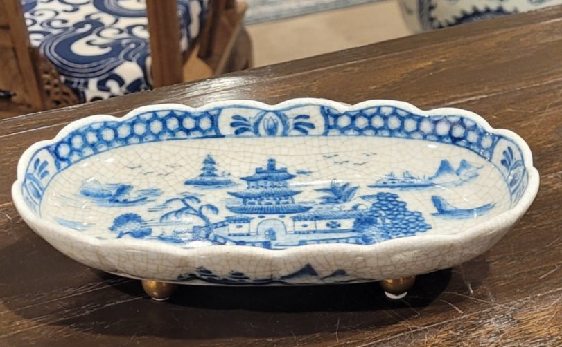 Blue and White Decorative Porcelain Tray with brass feet