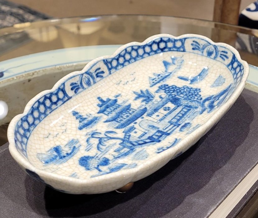 Blue and White Decorative Porcelain Tray with brass feet