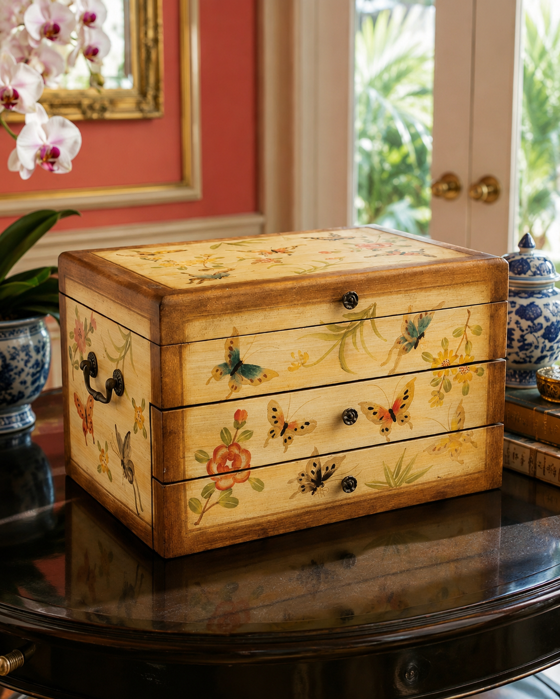 Chinoiserie Hand-Painted Lacquered Silverware & Flatware Chest