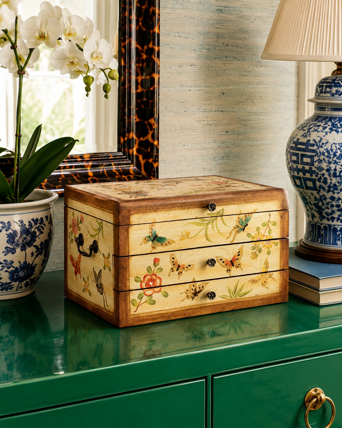 Chinoiserie Hand-Painted Lacquered Silverware & Flatware Chest