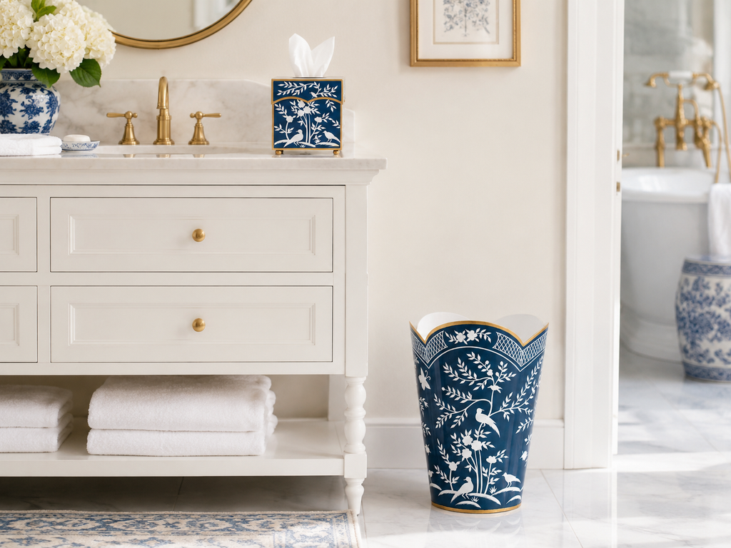 Navy & White Chinoiserie Wastepaper Basket & Tissue