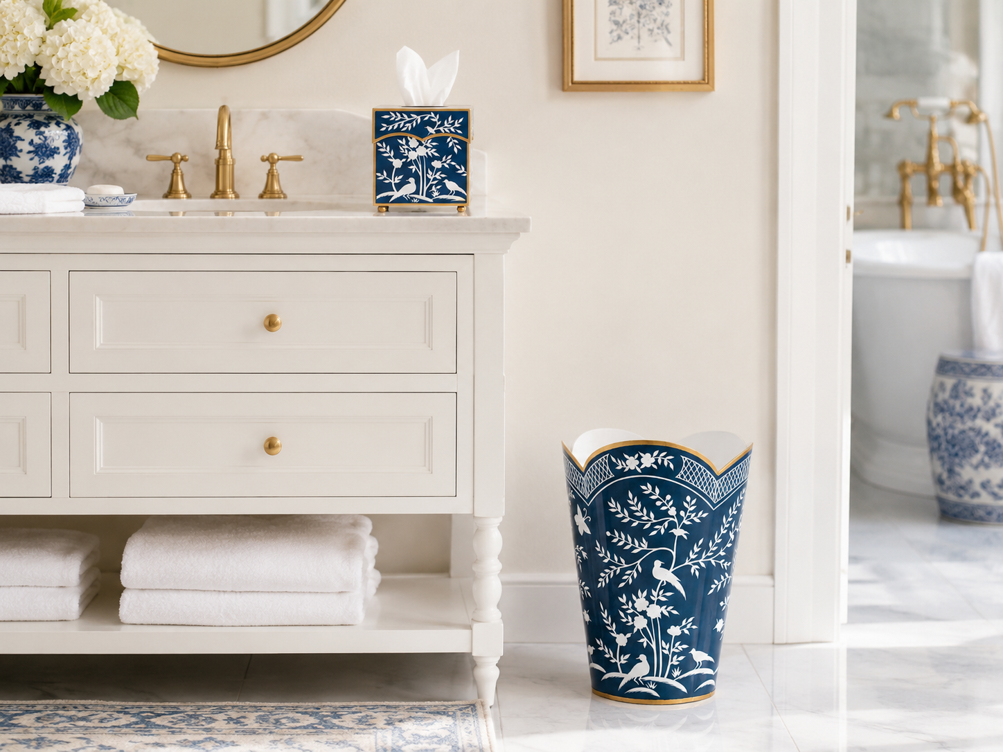 Navy & White Chinoiserie Wastepaper Basket & Tissue