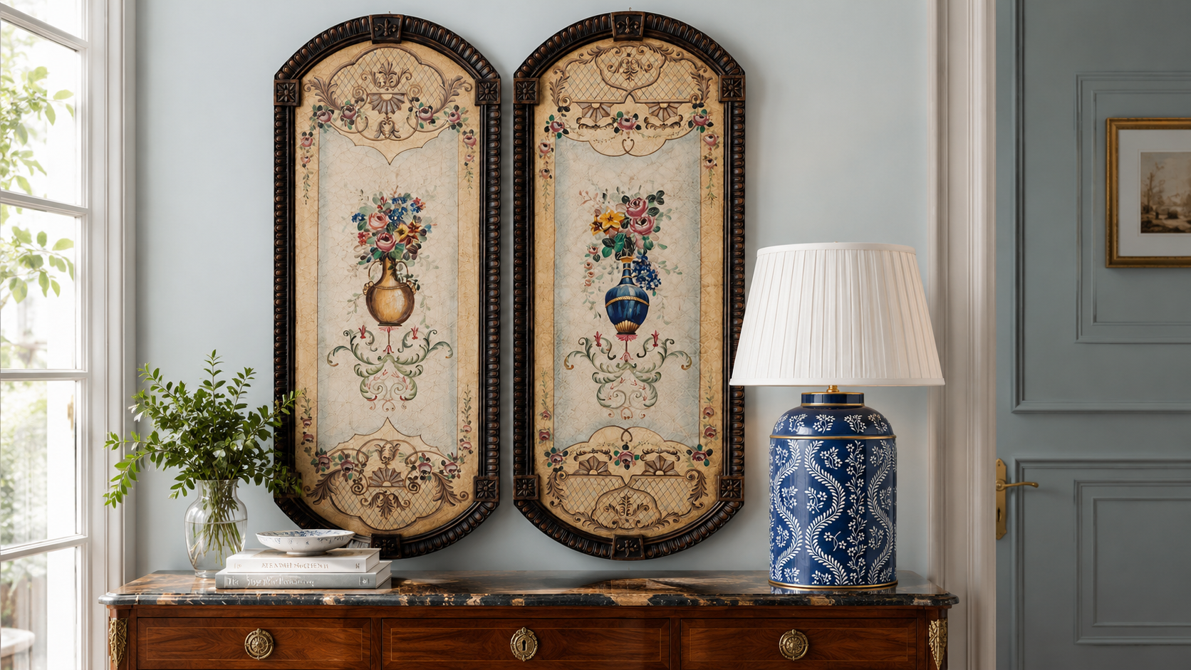 Floral hand painted Wall Panel art Pair