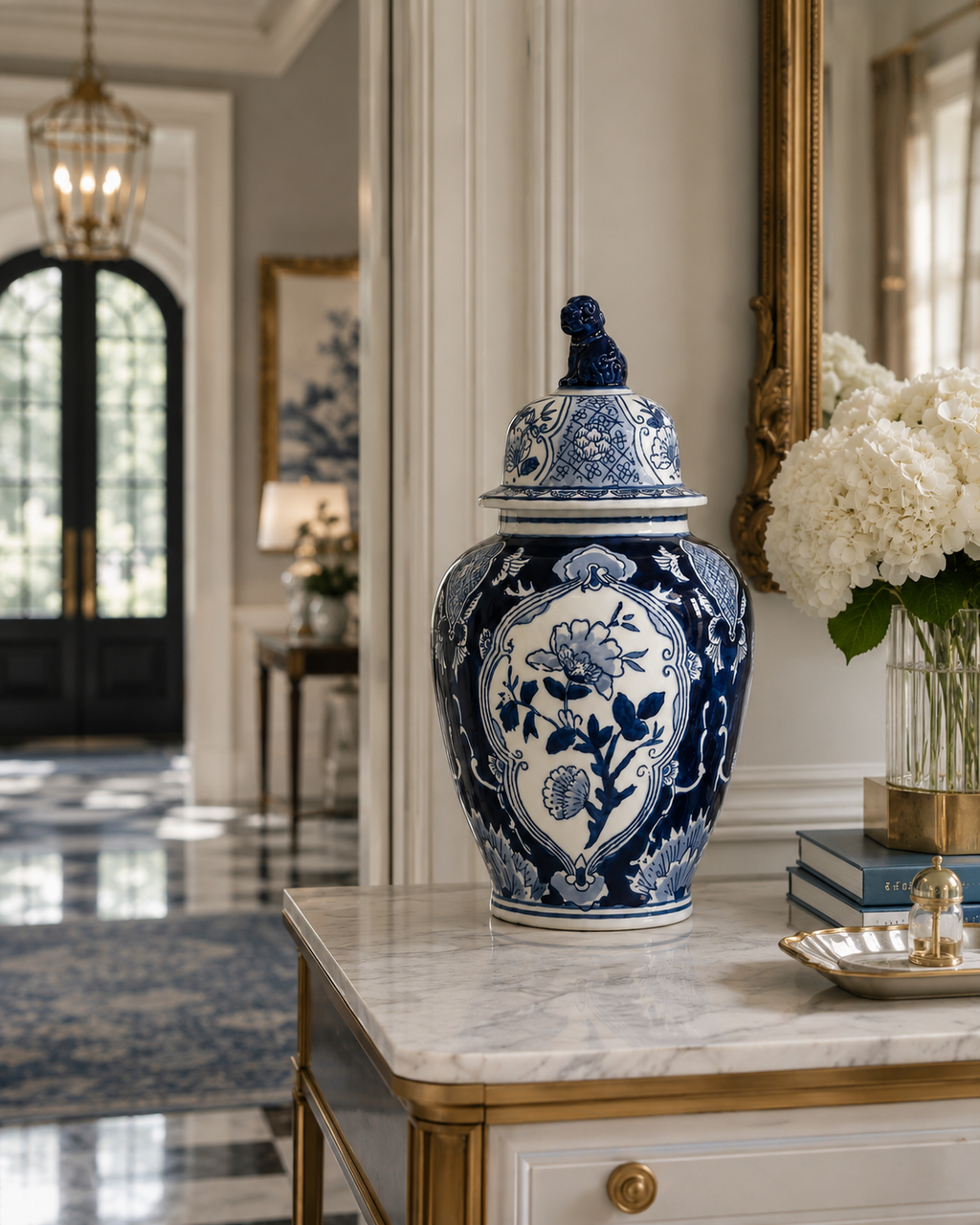Classic Blue & White Blossoms Temple Jar