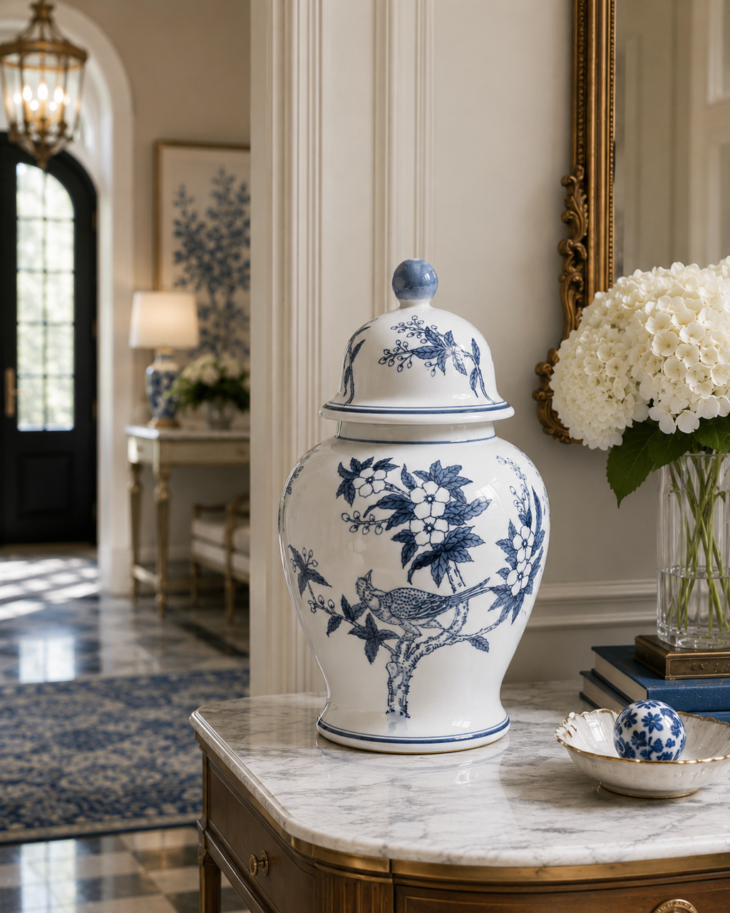 Blue and White Bird and Floral 15" Ginger Jar