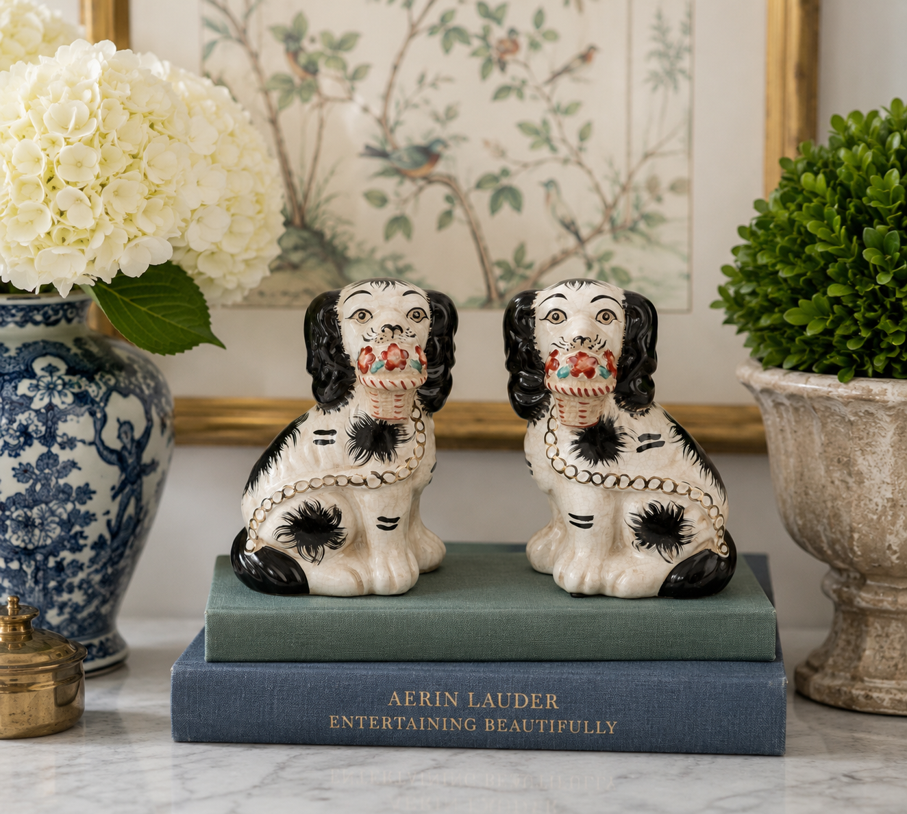 Classic Black & White Staffordshire-Style Dalmatian Spaniels with Baskets (Pair)