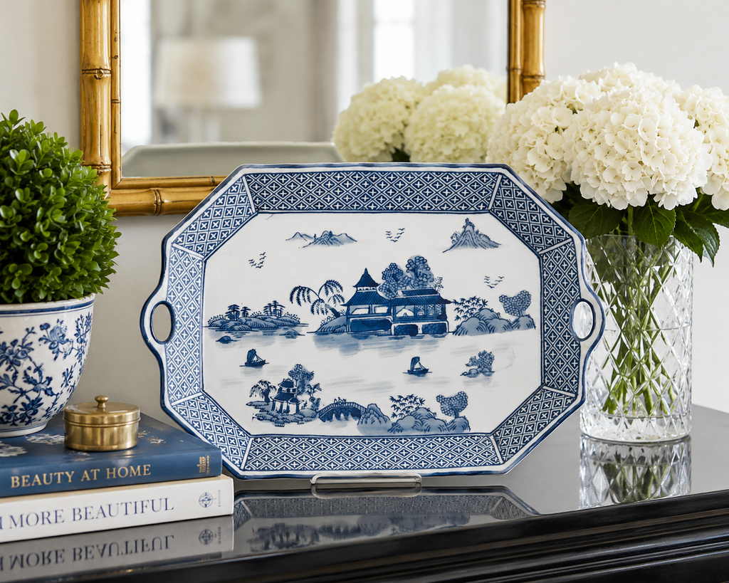 Blue & White Porcelain Handled Platter, Blue Willow Inspired