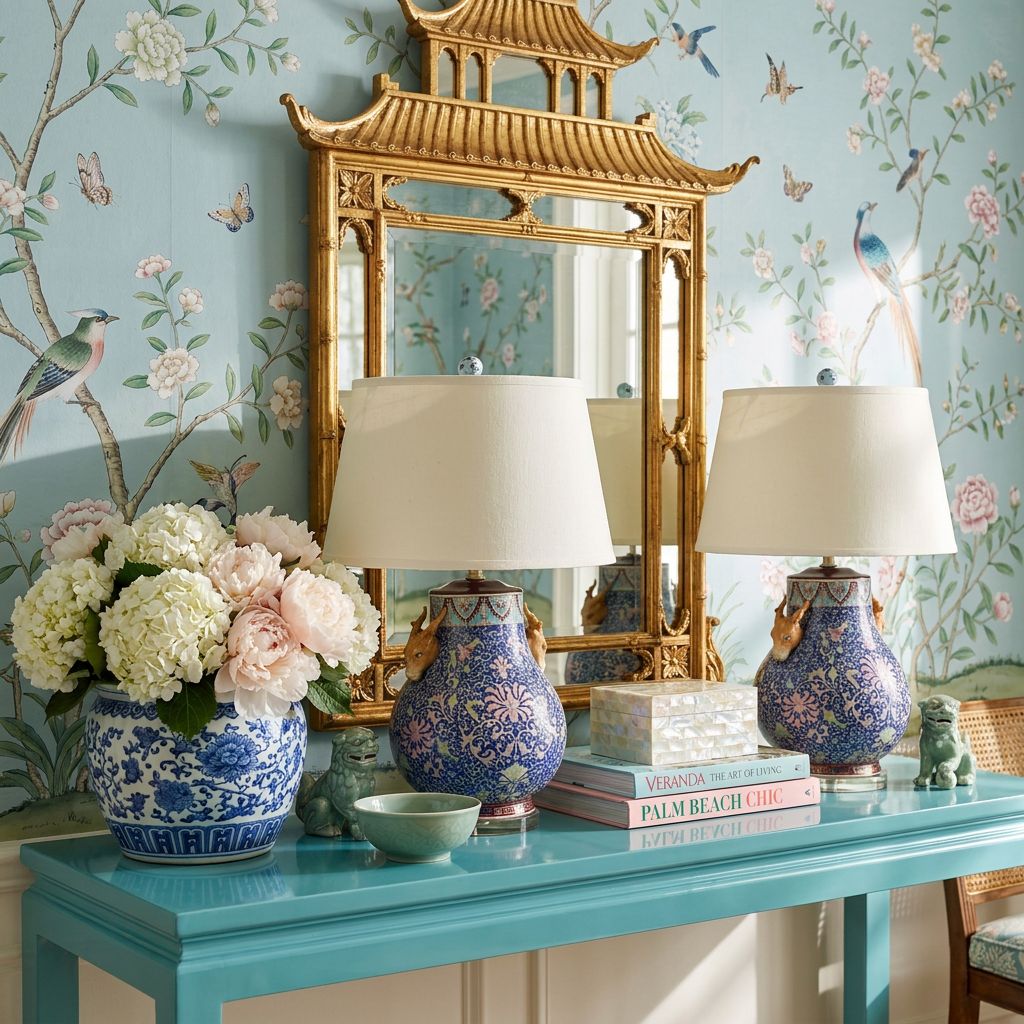 Decorative table with floral arrangement, blue and white vases, and a large mirror with gold frame against floral wallpaper.