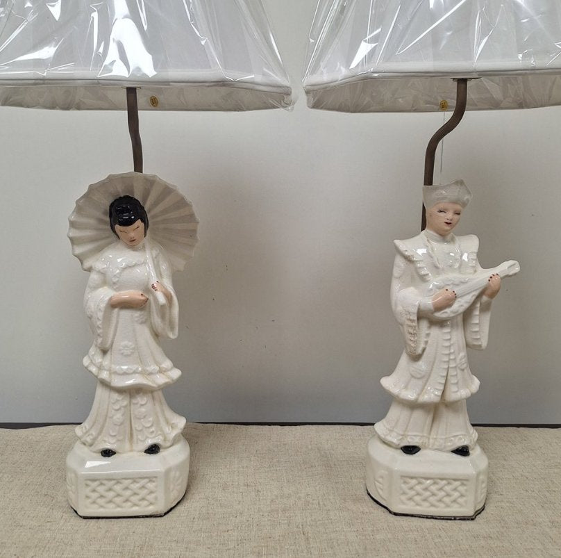 Vintage Mid-Century Blanc de Chine Figural Table Lamps - Pair