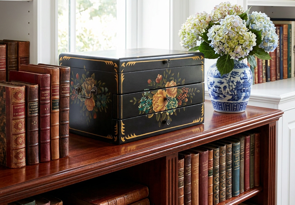 Tole painted Black Lacquer Silverware Flatware Chest