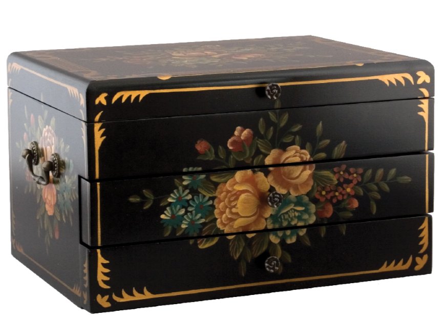 Tole painted Black Lacquer Silverware Flatware Chest