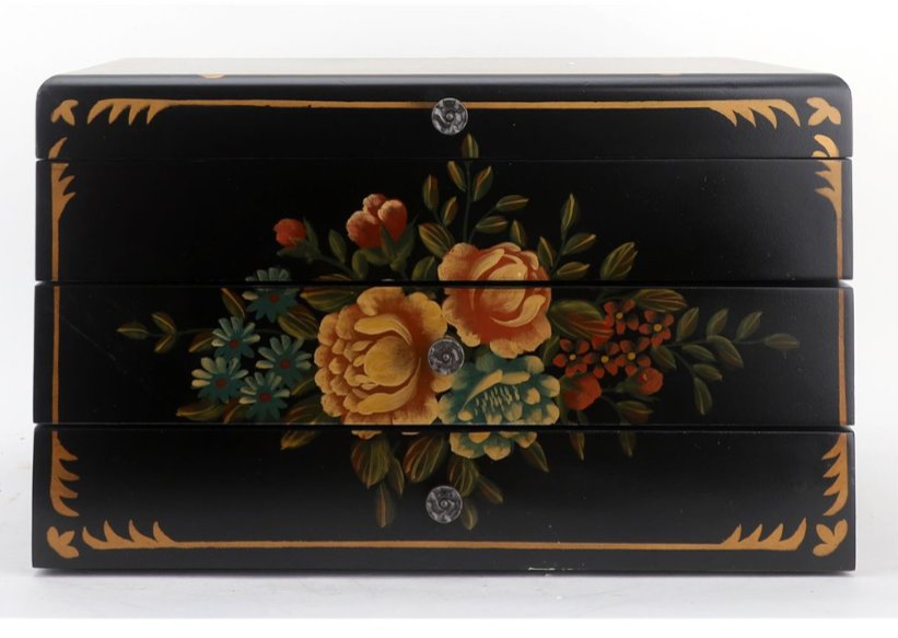 Tole painted Black Lacquer Silverware Flatware Chest