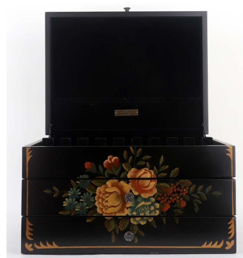 Tole painted Black Lacquer Silverware Flatware Chest