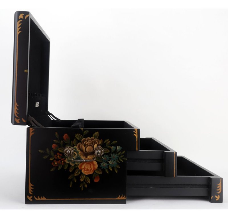 Tole painted Black Lacquer Silverware Flatware Chest