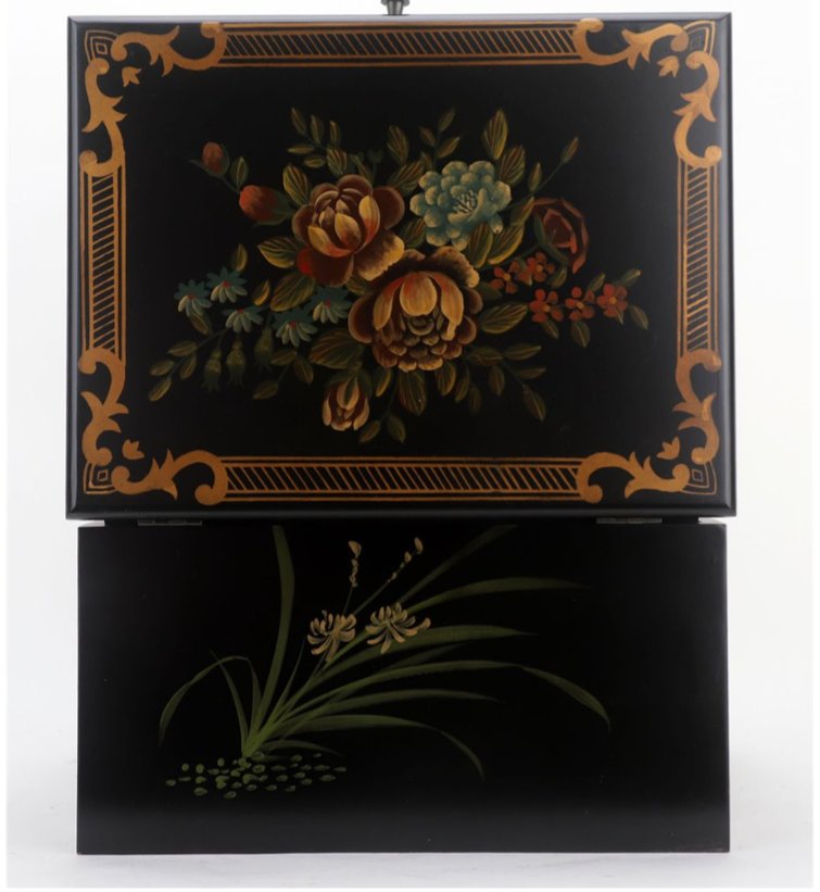 Tole painted Black Lacquer Silverware Flatware Chest