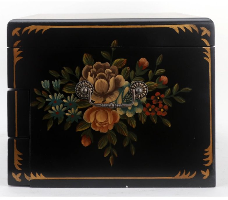 Tole painted Black Lacquer Silverware Flatware Chest