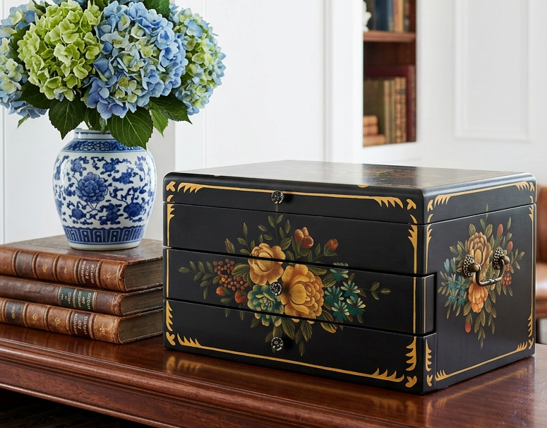 Tole painted Black Lacquer Silverware Flatware Chest
