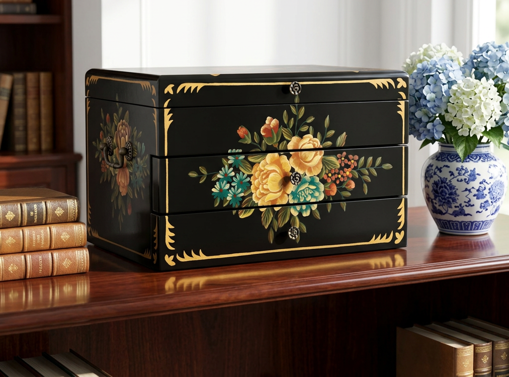 Tole painted Black Lacquer Silverware Flatware Chest