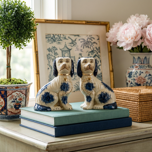 Blue and White Porcelain Dog Figurine Pair