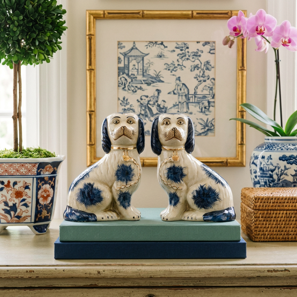 Blue and White Porcelain Dog Figurine Pair