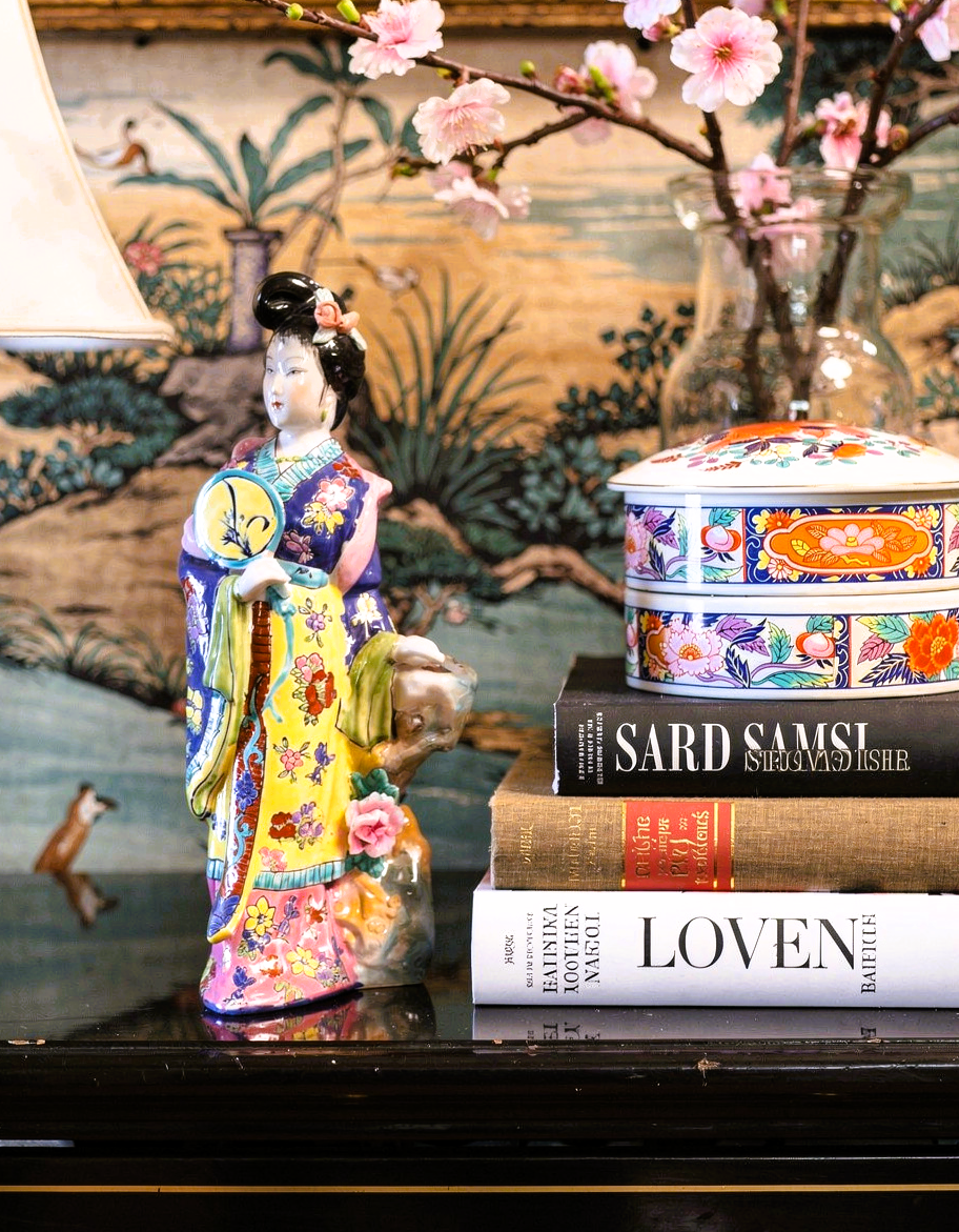 Vintage-Style Porcelain Floral Lady Figurine with Fan