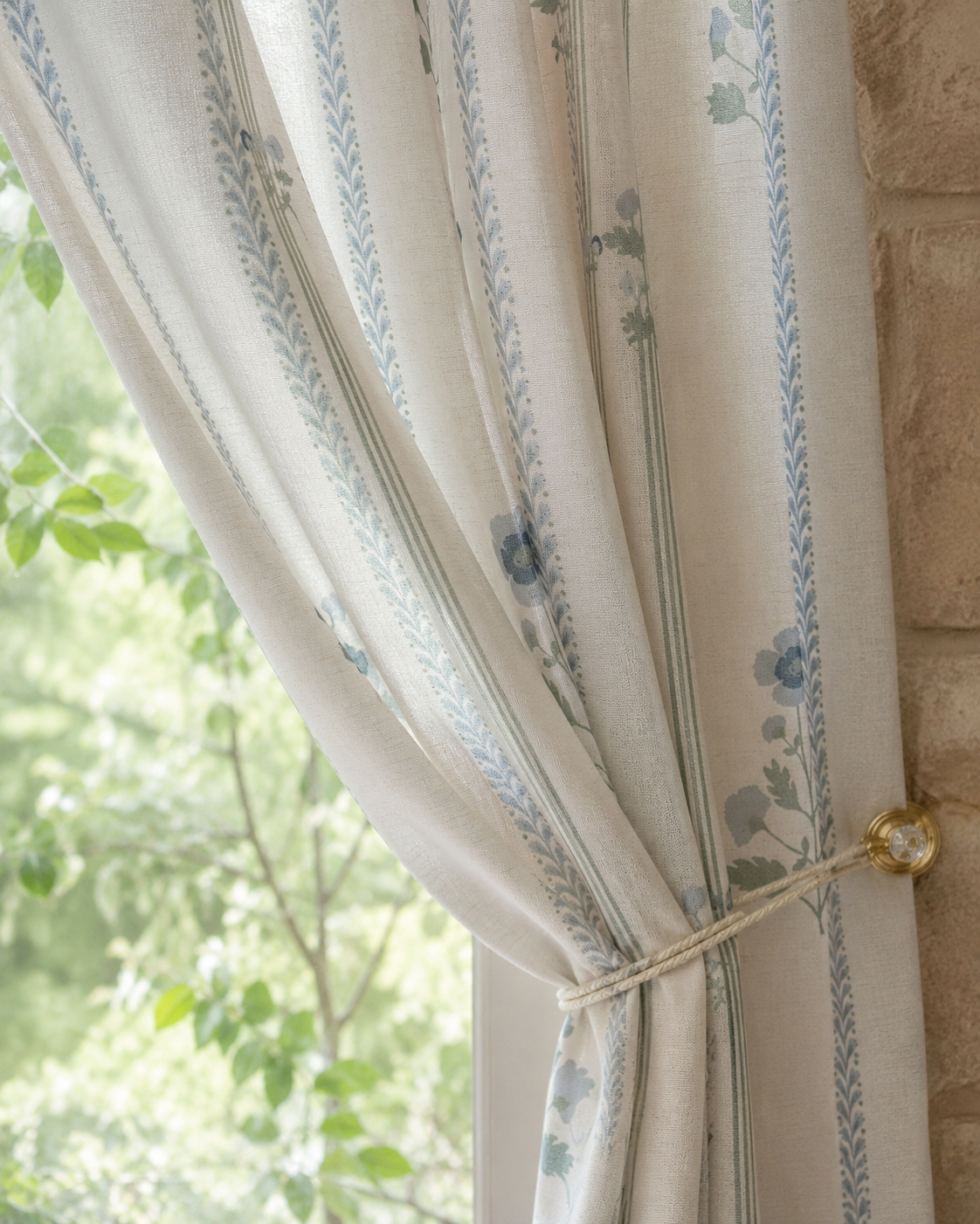 White and Green Linen Drapes with Hooks - Two Panel Set